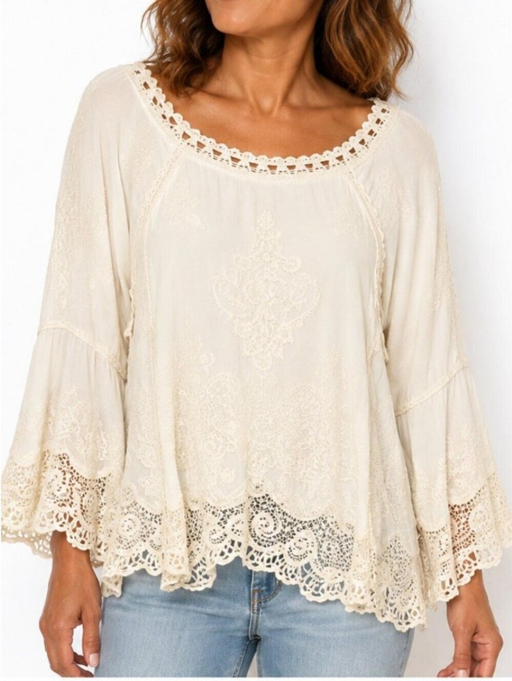 Democracy Off-White Lace Embroidered Boho Bell Sleeve Blouse Size S